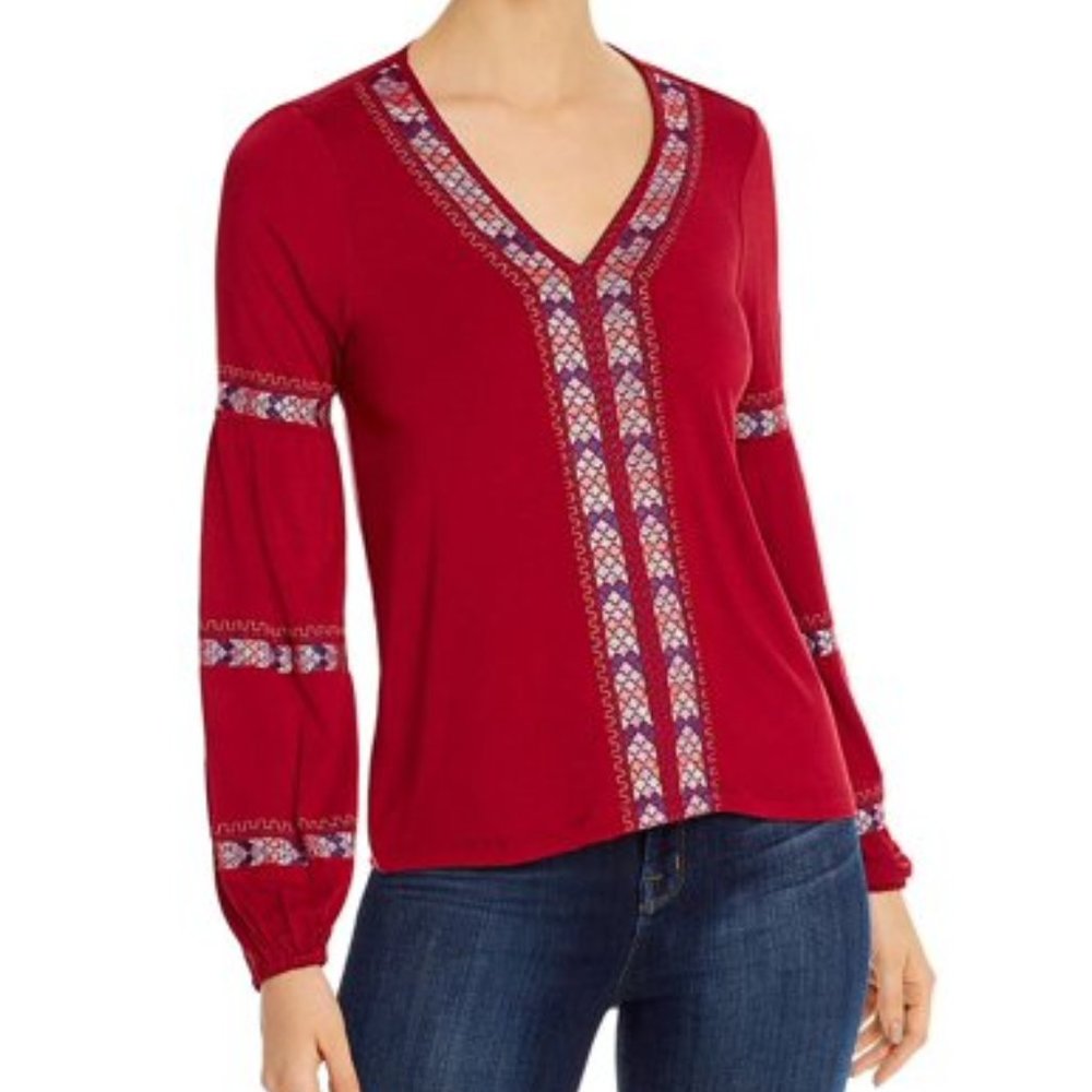 NWT Red Embroidered Pattern Long Sleeve Blouse Size XS